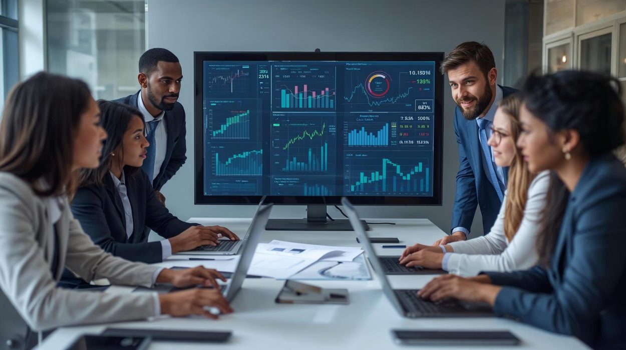 UK business team analysing digital marketing strategies and SEO reports.