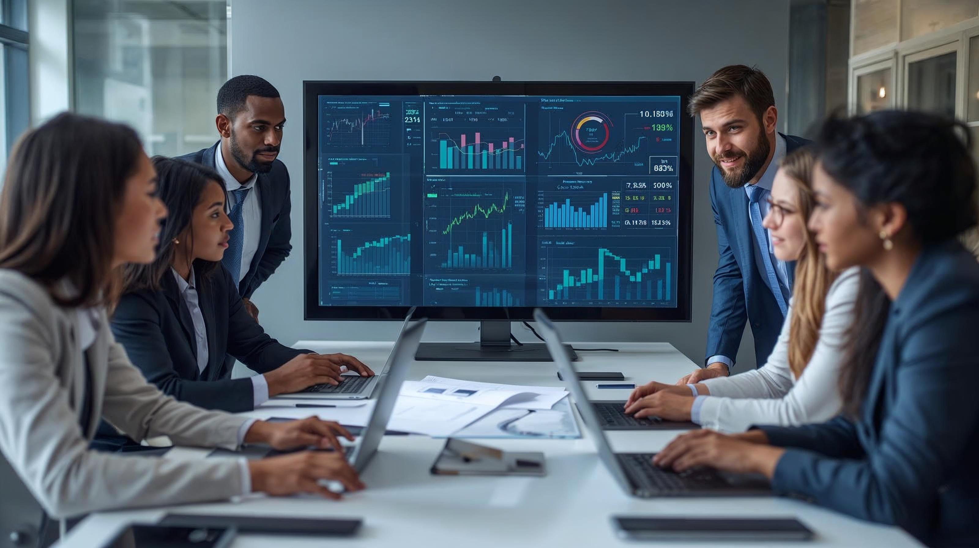 UK business team analysing digital marketing strategies and SEO reports.