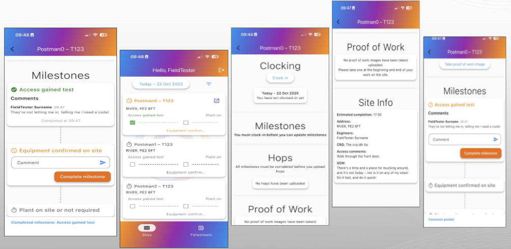 Field engineers marking attendance and updating locations in Genesis 1 Android app by Genesis Digitech ​